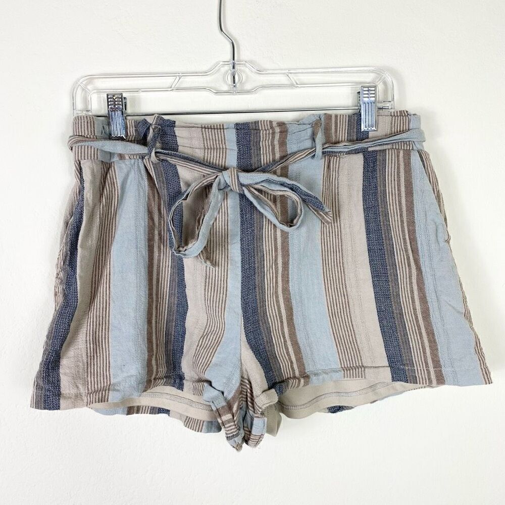 Purple Snow Tan & Blue Striped Paperbag Belted Tie Waist Shorts Size L